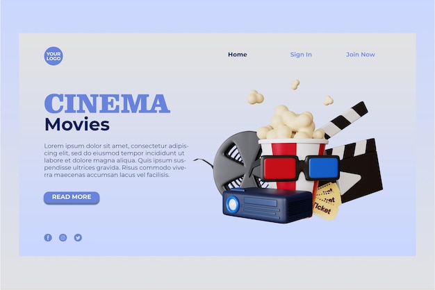 3d cinema illustrazione del film pagina di destinazione psd premium