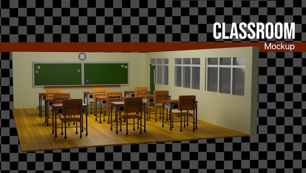 3D classroom for school mockup with dark room scene