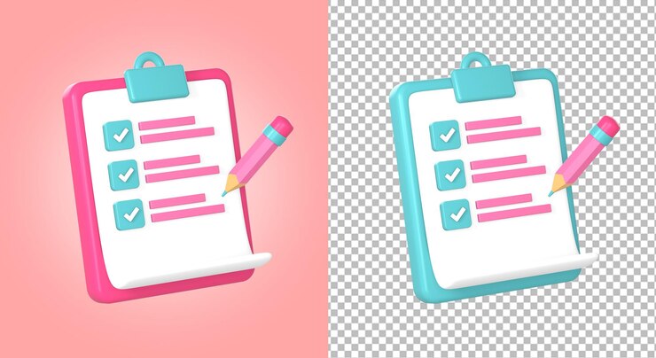 PSD 3d クリップボード アイテムリスト チェックマークと筆アイコンのイラスト