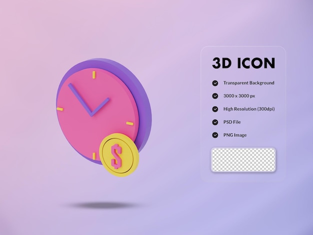 3d時計と1ドル硬貨のアイコン3dレンダリングの図