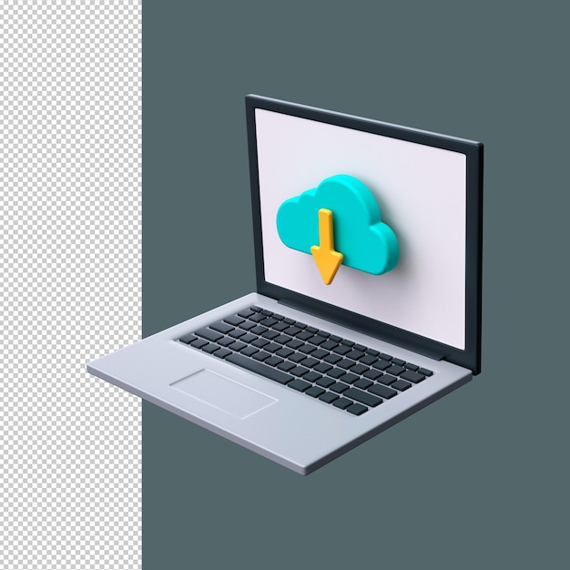 PSD 3d cloud download icon cloud data storage in a laptop