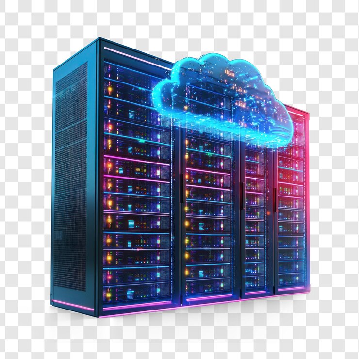 PSD 3d cloud gegevens verbinding met moderne netwerk server racks isoleren op transparante achtergrond