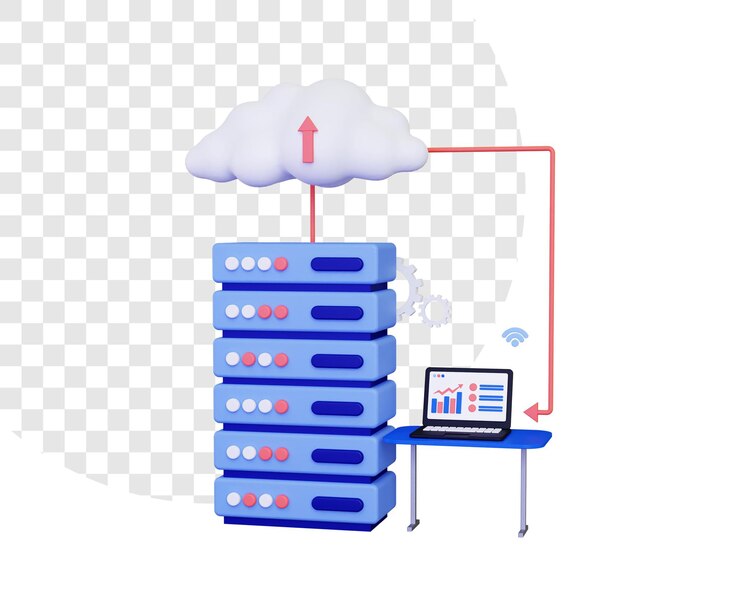 PSD 3d cloud hosting met laptop op tafel