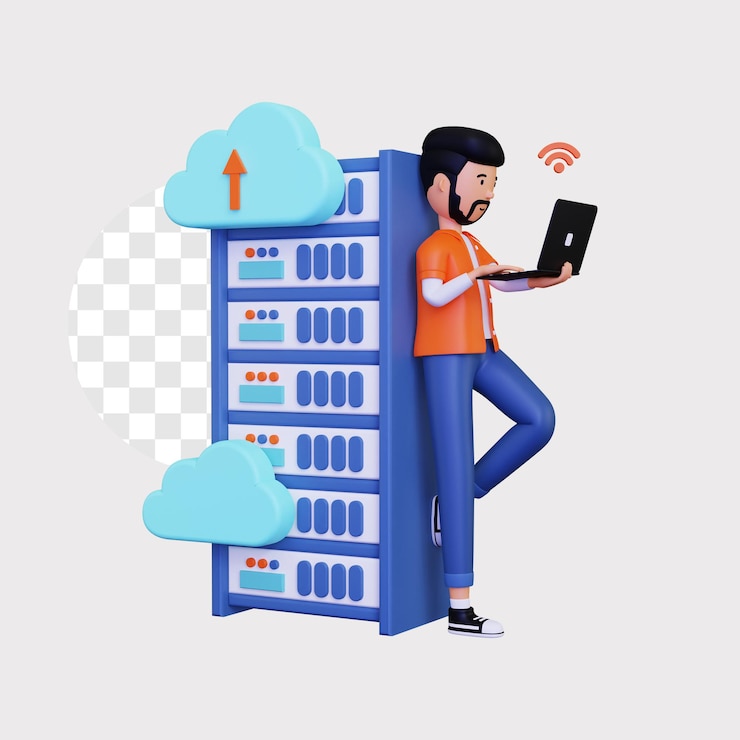 PSD 3d cloud hosting with male character using laptop