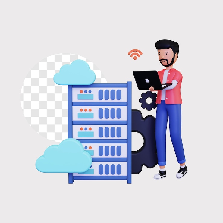 PSD 3d-cloudhosting met mannelijk karakter met behulp van laptop