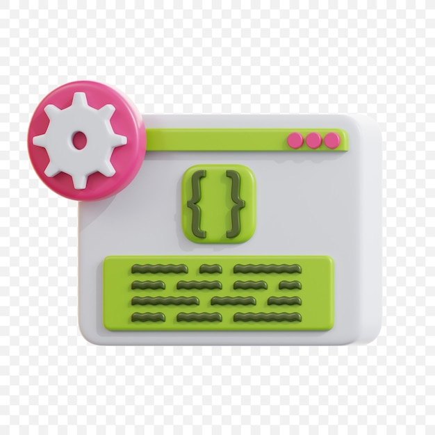 3D coding window icon with gear symbol representing programming and software development process