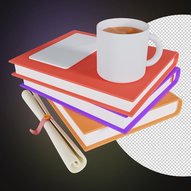 3D Coffee on a book Illustration Premium PSD