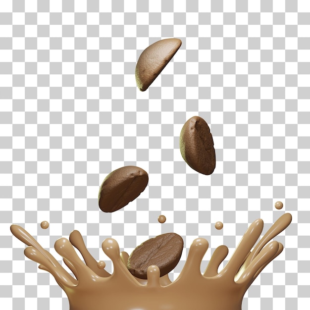 3d coffee milk liquid splash with coffee bean on transparent background