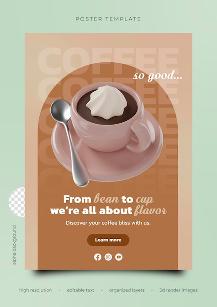 PSD 3d coffee poster template cream