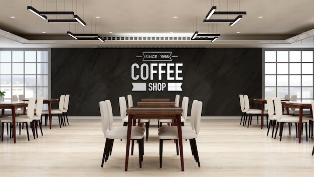 PSD modello di logo della caffetteria 3d nell'interno moderno del bar caffetteria