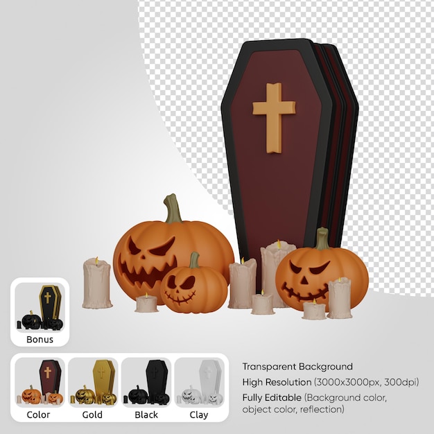 PSD 3d coffin with pumpkin and candle