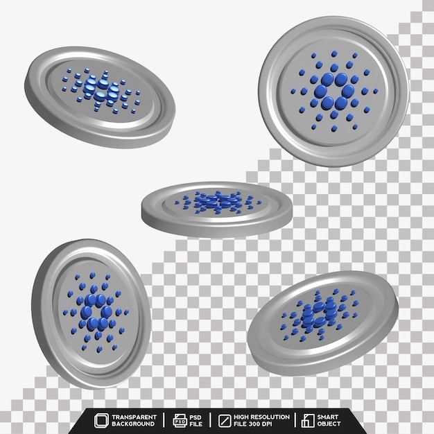 Set di monete 3d di monete cardano bianche con diversi punti di vista