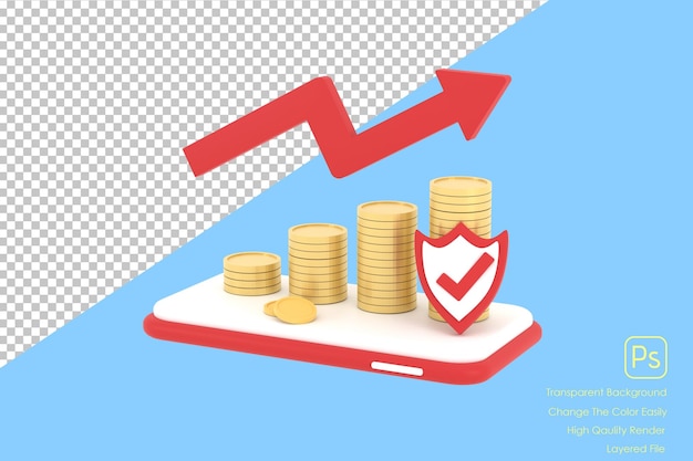 3D Coins graph on a mobile phone concept of financial management