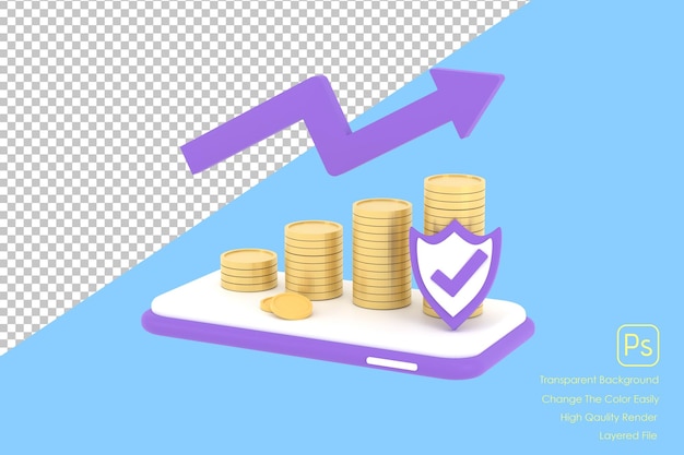 3D Coins graph on a mobile phone concept of financial management