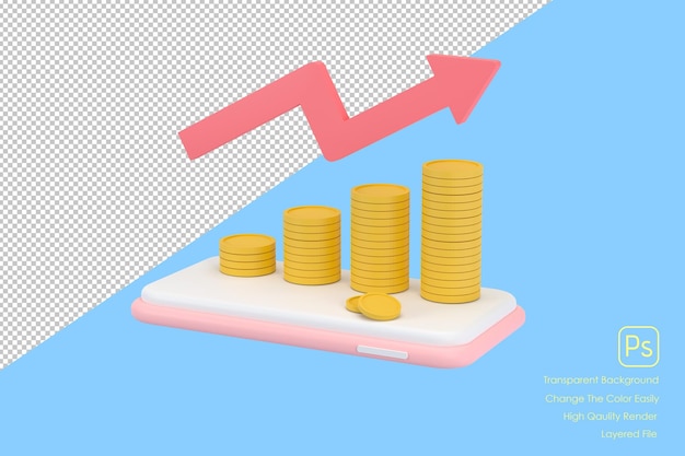 3d coins graph on a mobile phone concept of financial managementxa