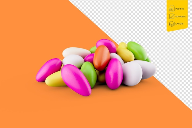 3d colorful almond candies sugar coated almond candies isolated on orange background 3d illustration