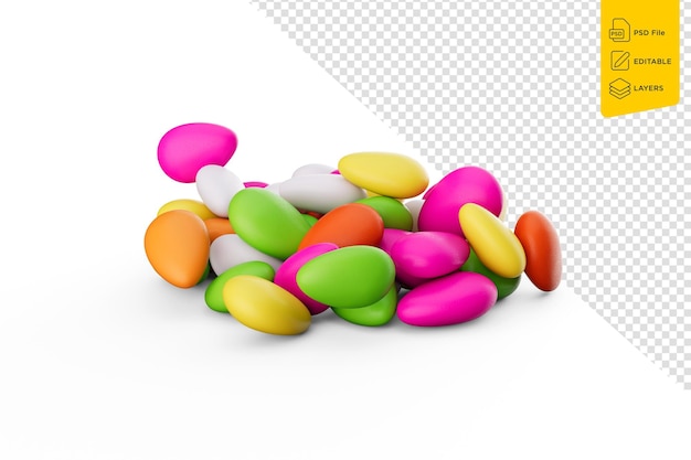 PSD 3d colorful almond candies sugar coated almond candies isolated on white background 3d illustration