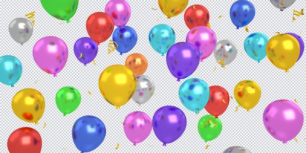 PSD 3d colorful balloons confetti floating that isolated for happy birthday background mockup