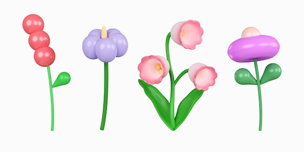 PSD 3d colorful flower set icon isolated on white background 3d rendering illustration clipping path