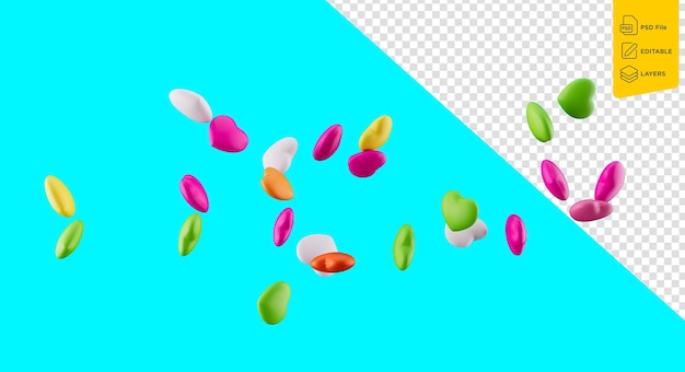 PSD 3d colorful heart shape candies 3d rainbow sugar candies falling on cyan background 3d illustration