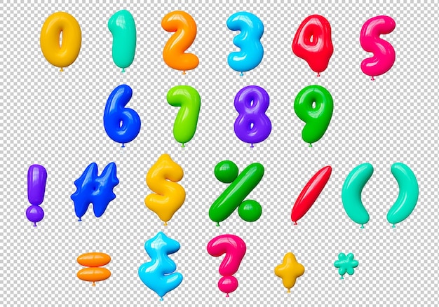 PSD 3d colorful inflatable balloons numbers and symbols