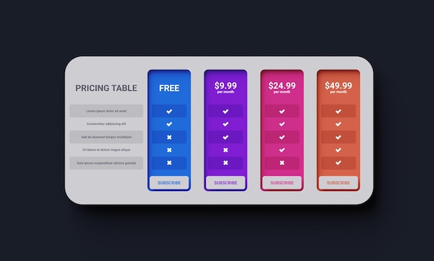 PSD 3d colorful pricing table design for business