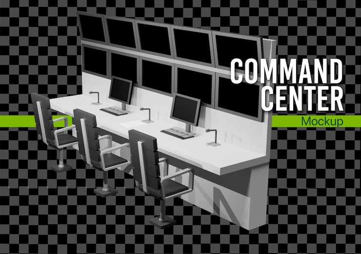 PSD 3d command center room with tv screen display and chair mockup