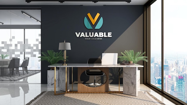 Mockup di logo aziendale 3d nella moderna stanza del manager dell'ufficio