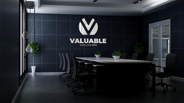 Modello 3d del logo aziendale nella moderna sala riunioni dell'ufficio