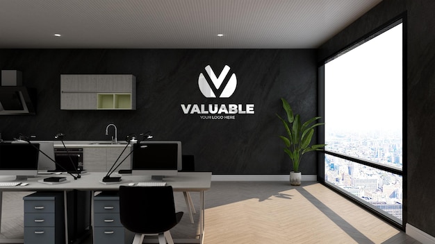 3d company logo mockup in office business workspace or workplace