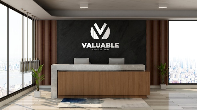 3d company logo mockup in office front desk or receptionist room with wooden theme design interior