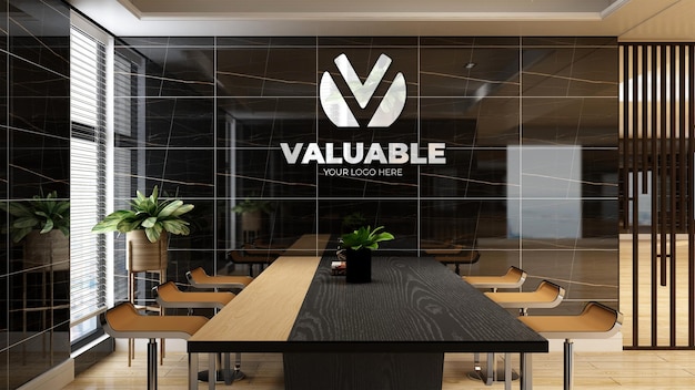 Modello 3d del logo aziendale nello spazio riunioni dell'ufficio con interni di design di lusso
