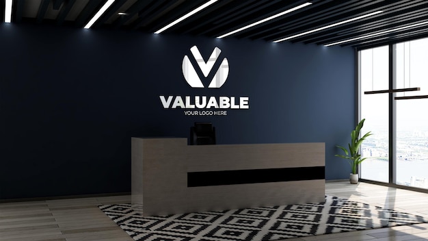 Modello 3d del logo aziendale nella reception dell'ufficio