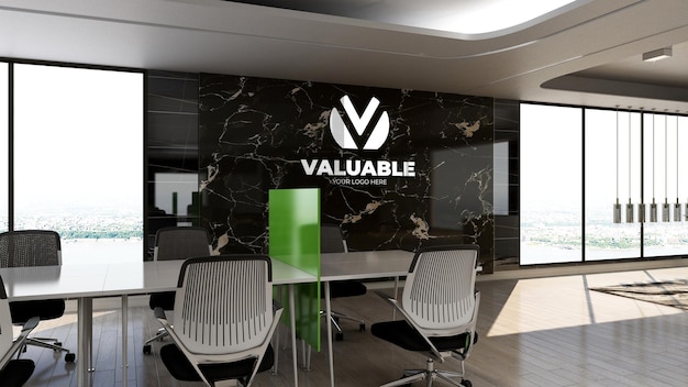 PSD 3d company logo mockup in office work area with luxury design interior