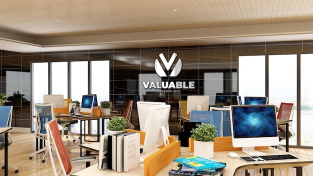 PSD 3d company logo mockup in the office workspace area with luxury design interior