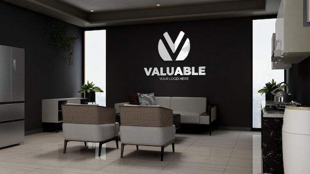 3d company logo mockup in the wooden office lobby waiting room with sofa