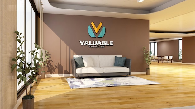 Mockup di logo aziendale 3d nella sala lounge dell'ufficio in legno