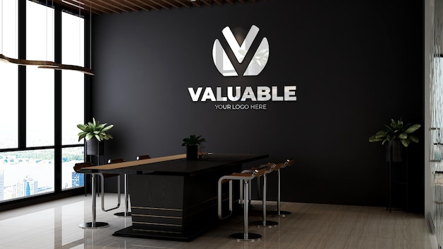 3d company logo mockup in the wooden theme office meeting room interior design