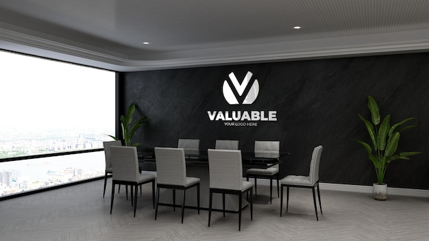 3d макет логотипа компании на стене в офисе на деловой встрече roo