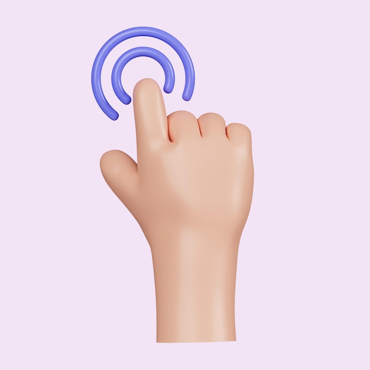 PSD 3d computer cursor with hand and click diverse man arms with fingers press button pointing or touch fingerprint scan icon isolated on yellow background 3d rendering illustration clipping path
