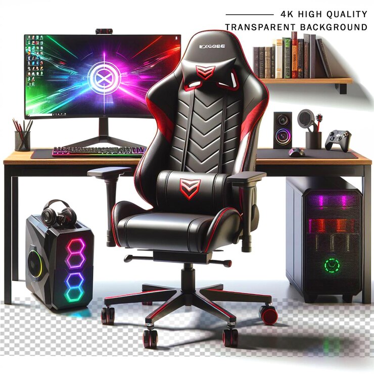 PSD 3d computer gaming setup on transparent background