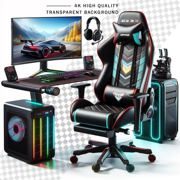 PSD 3d computer gaming setup on transparent background