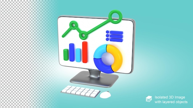 PSD 3d computer icon with corporate analysis on screen