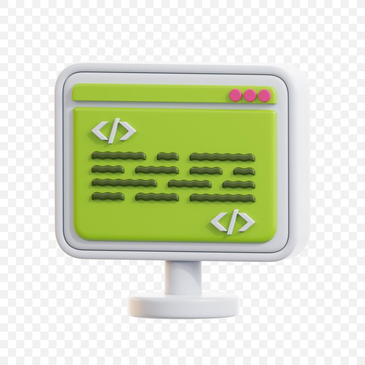 PSD 웹 개발 및 소프트웨어 엔지니어링에 이상적인 프로그래밍 코드를 표시하는 3d 컴퓨터 모니터