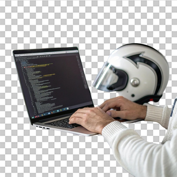 PSD 3d computer programmer coding on a laptop computer with a white hand and a white and gray leg visible in the foreground and a white and silver helmet in the background