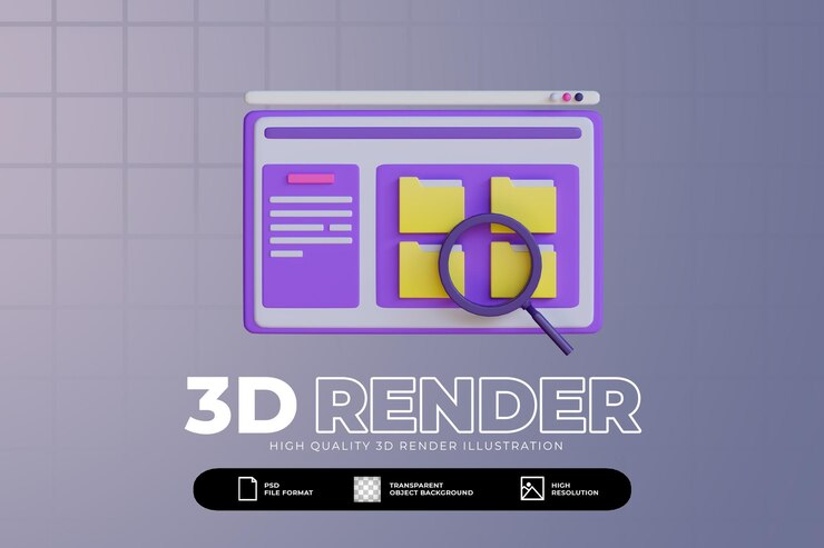 PSD 3d concept illustration of file management searching files and document icon isolated