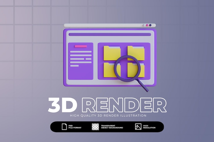 PSD 3d иллюстрации концепции управления файлами поиск файлов и значок документа изолированы