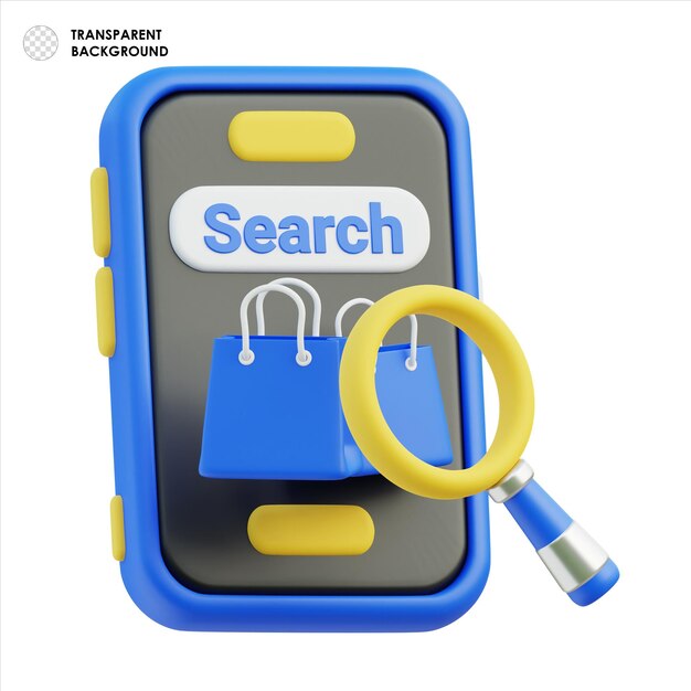 PSD 3d concept of online shopping search with magnifying glass and bag icon