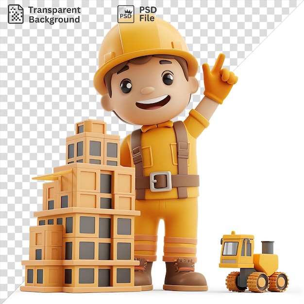 PSD 3d construction worker cartoon building a skyscraper with a yellow toy and a brown face wearing a yellow helmet and brown and gray strap and holding a yellow toy the workers black