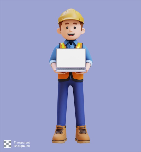 PSD 3d construction worker character holding laptop with empty screen